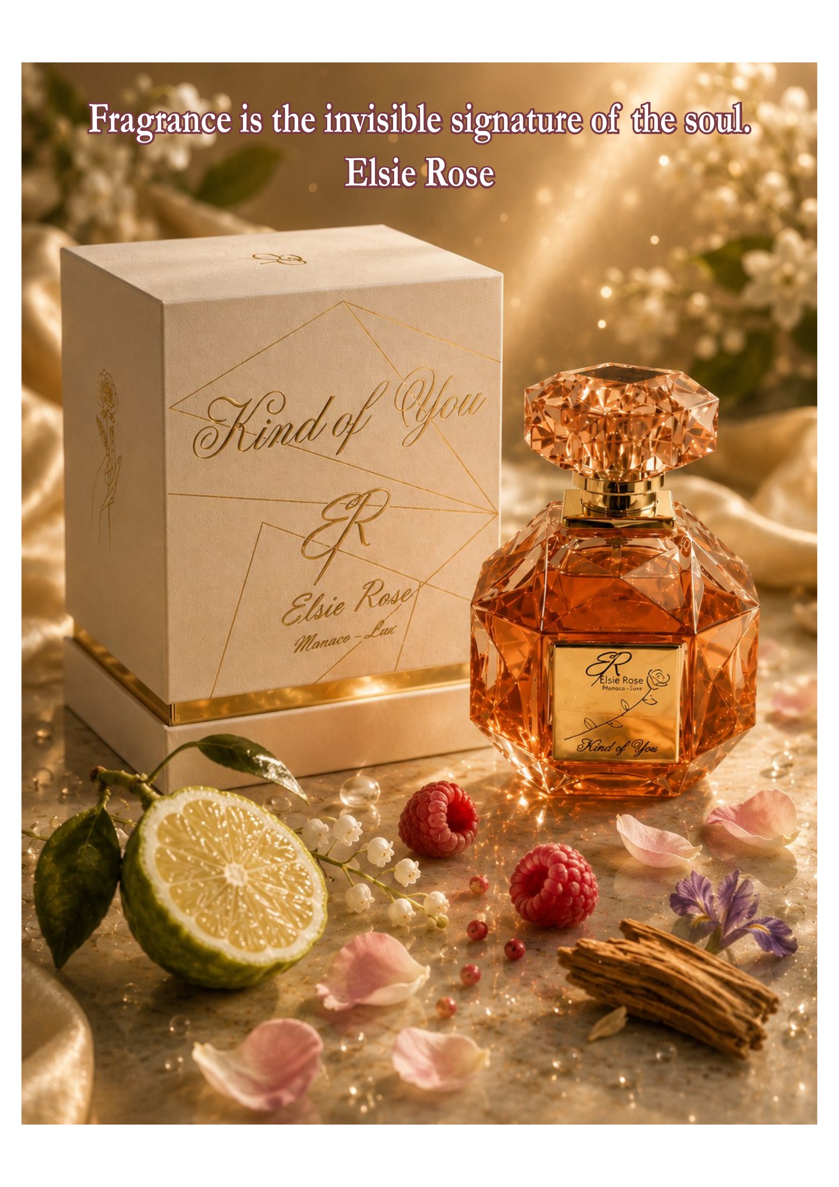 Perfume is the invisible signature of the soul — Elsie Rose. Coffret Kind of You et flacon posés parmi les fleurs blanches, l'agrume et la vanille, dans une lumière dorée de fin de journée.