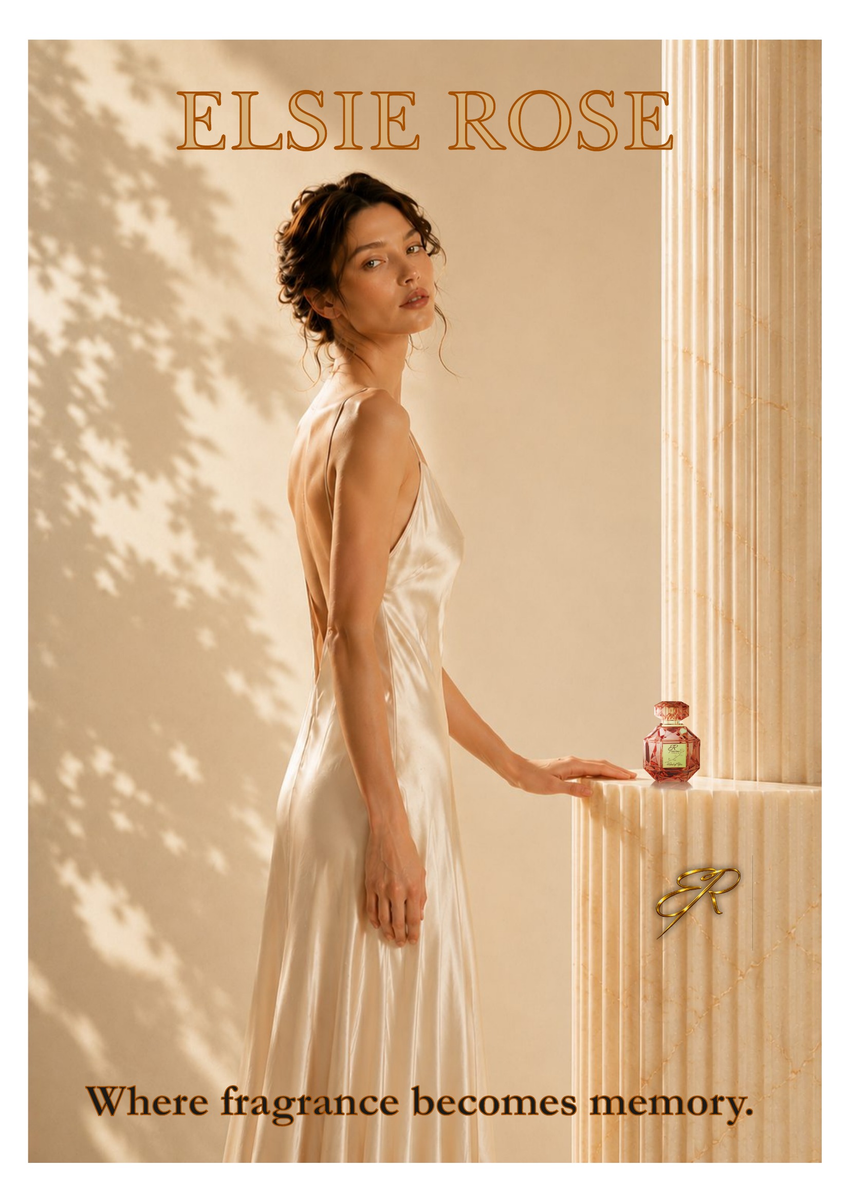 Elsie Rose — Where fragrance becomes memory. Femme en robe de soie dorée, flacon Kind of You posé sur une colonne de marbre.