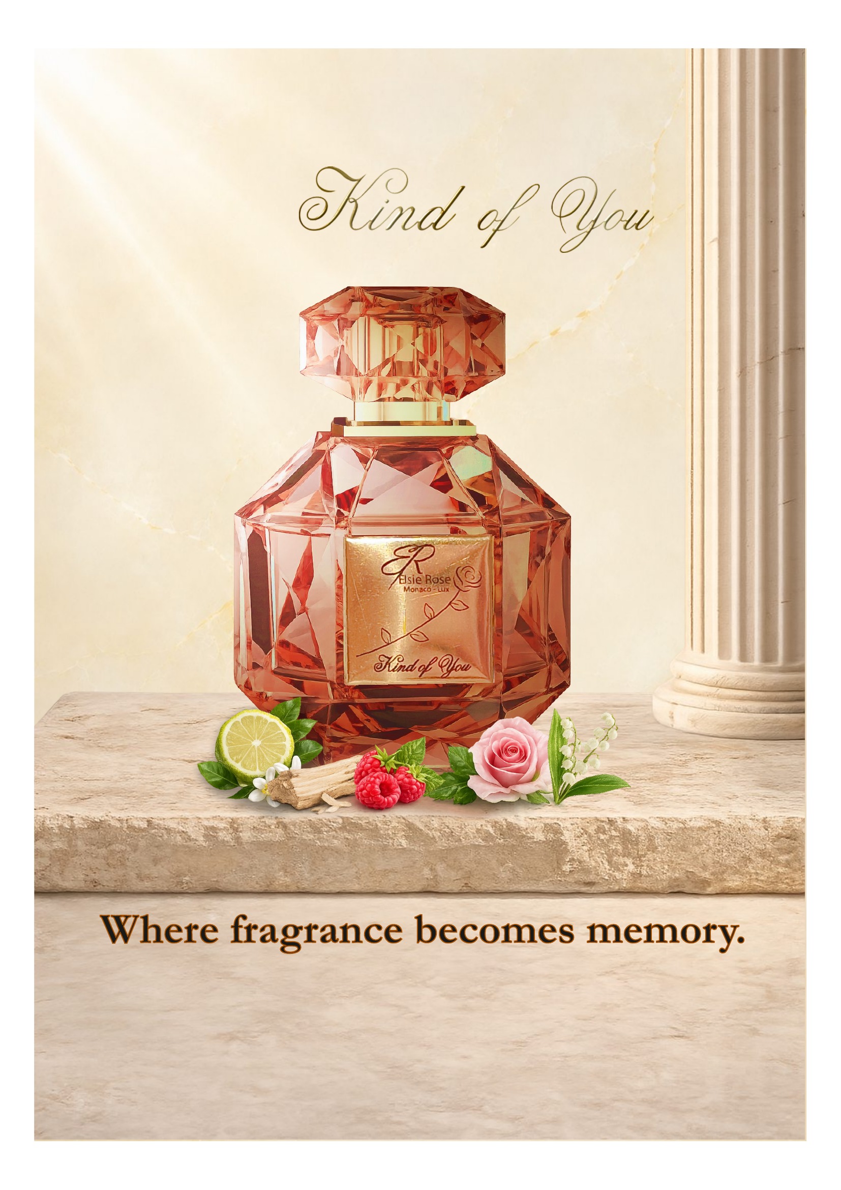Kind of You par Elsie Rose. Flacon facetté ambré posé sur une pierre de marbre, entouré de citron vert, fleur d'oranger et gousses de vanille. Where fragrance becomes memory.
