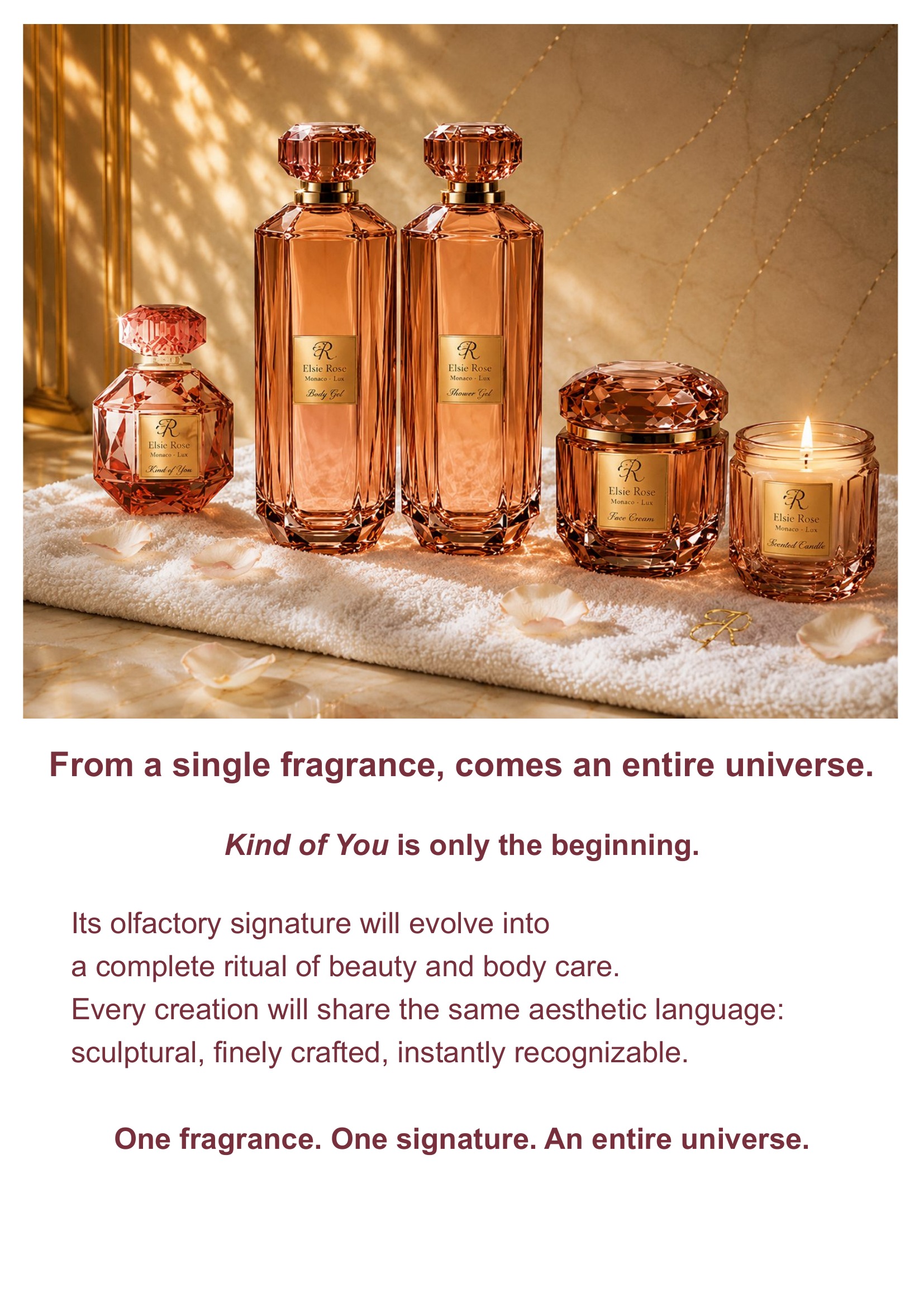 From a fragrance, a universe. Kind of You is only the beginning. Quatre produits Kind of You — parfum, gel douche, lait corporel, crème visage — posés sur une serviette blanche. One scent, one signature, an entire universe.